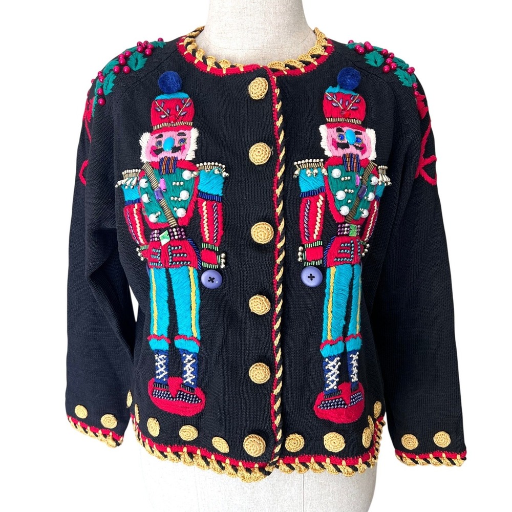 Michael Simon Christmas Nutcracker Cardigan S Beaded Vintage 1994 Ramie Grandma